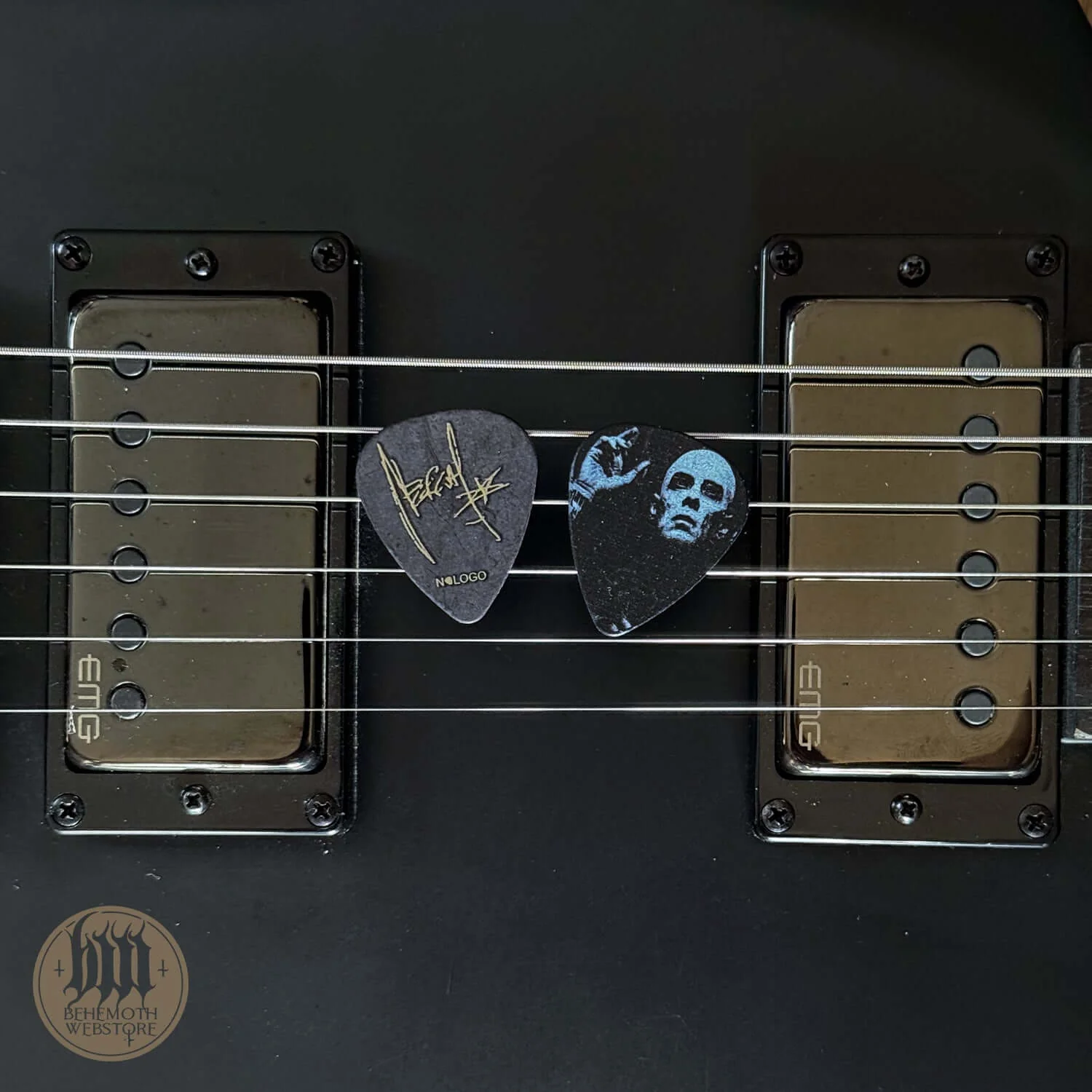 A plastic guitar pick Nergal signature 'Hand'