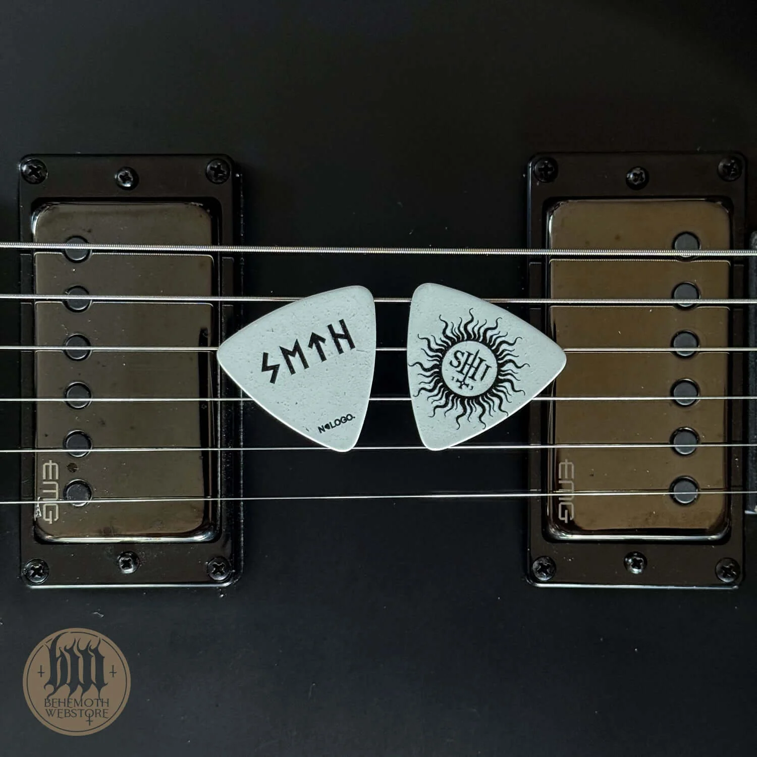 A plastic guitar pick Seth signature 'TSOG' white