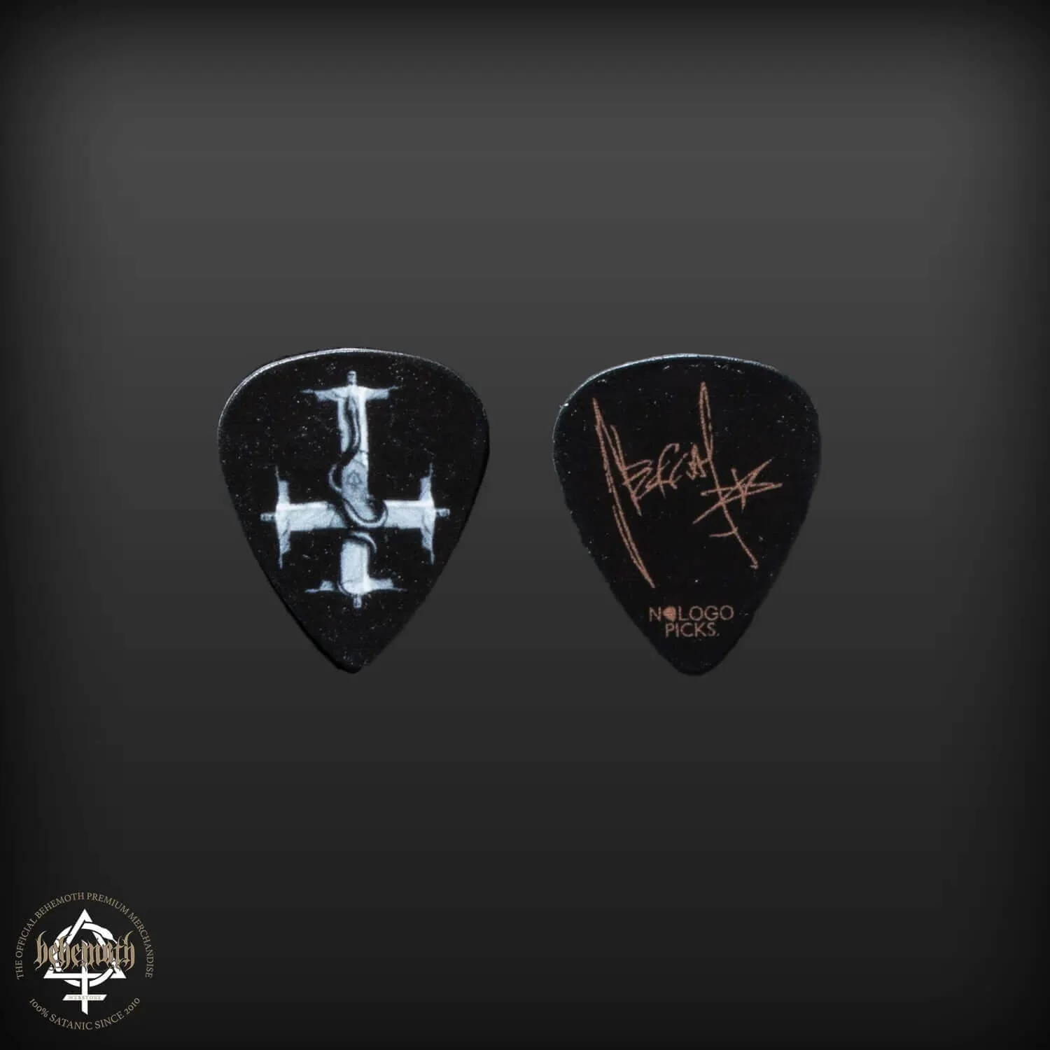 A plastic guitar pick Behemoth 'Cross Statue' black Nergal signature