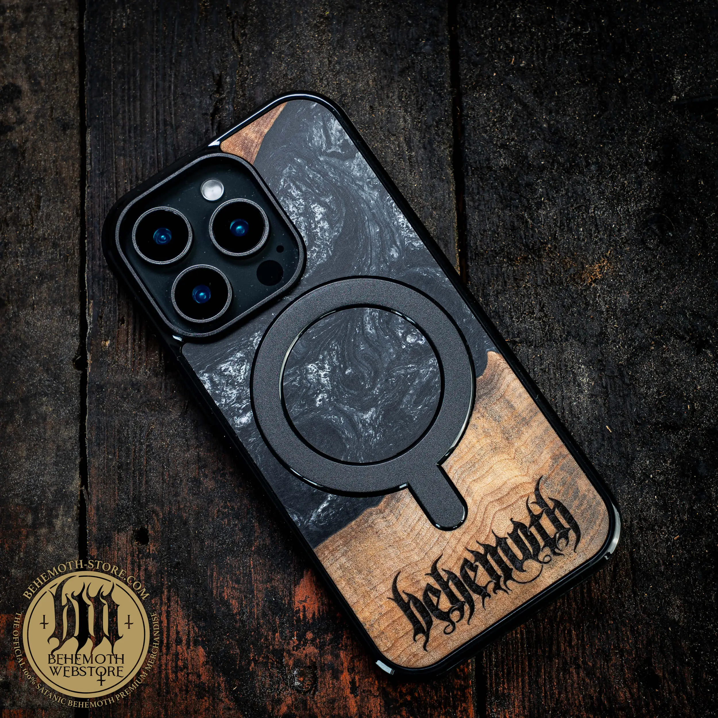 Behemoth 'Logo' Black Resin Wooden/Silicone TPU MagSafe Phone Case - Image 2