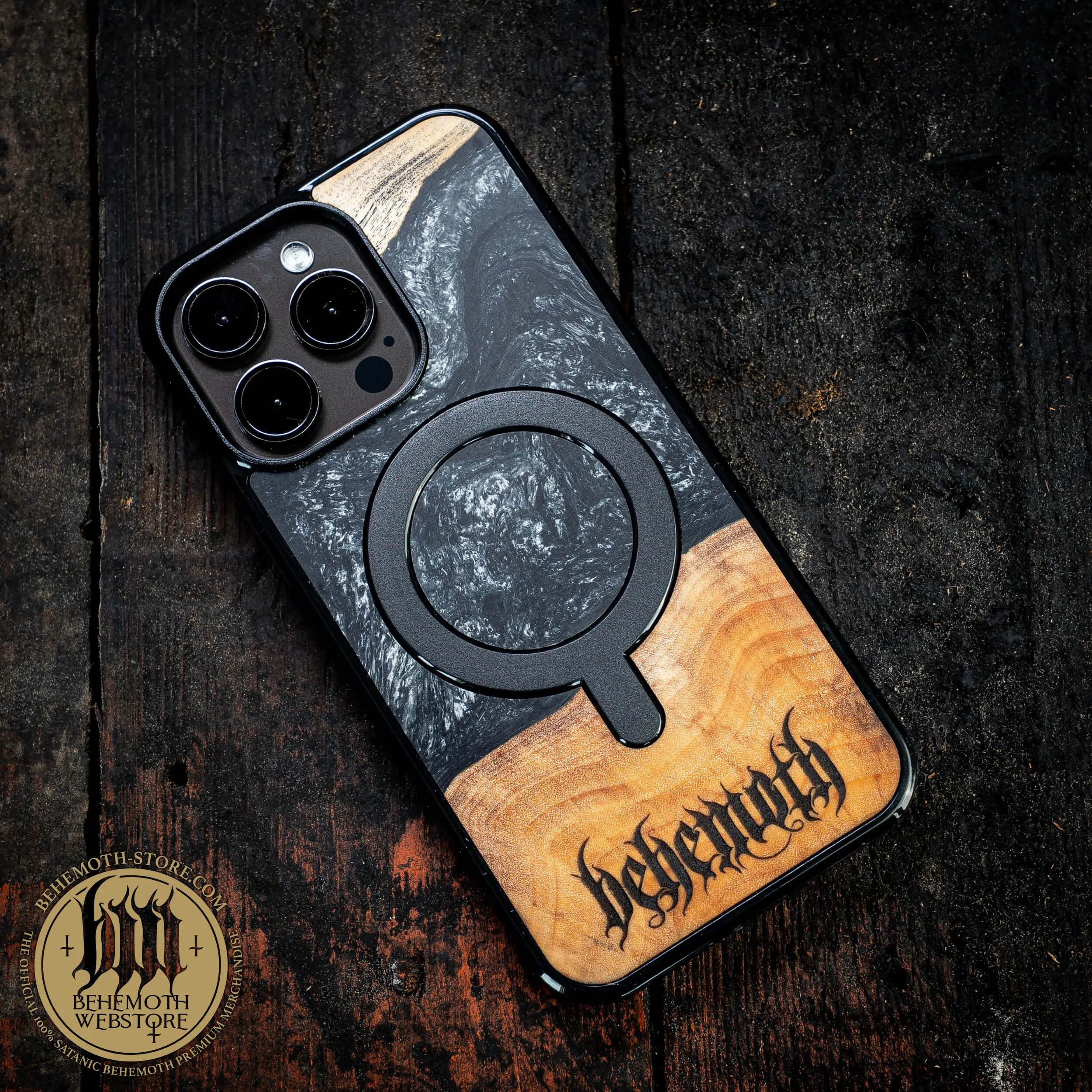 Behemoth 'Logo' Black Resin Wooden/Silicone TPU MagSafe Phone Case - Image 3