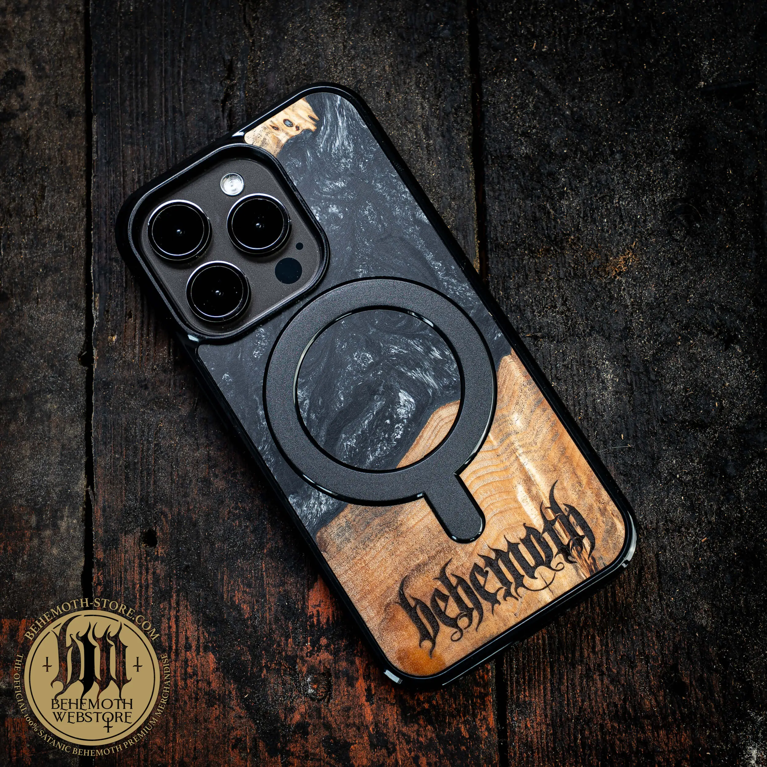 Behemoth 'Logo' Black Resin Wooden/Silicone TPU MagSafe Phone Case - Image 4